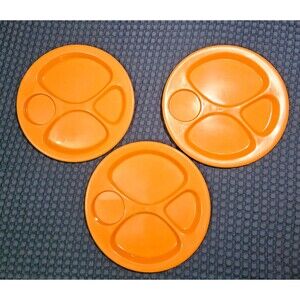 Vintage 1970s Orange Divided Cafeteria Plates Set of 3 11" inch.